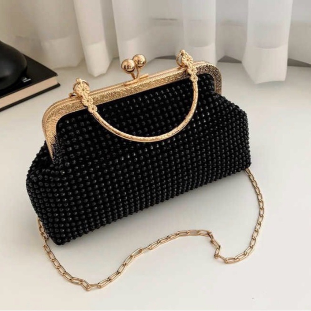 Black and Gold Studded Women's Evening Clutch Bag with Gold Chain Strap